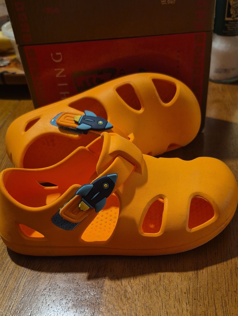 Ten Little Seasonal Bright Orange Splash Sandals With Removable Rocket Charm
